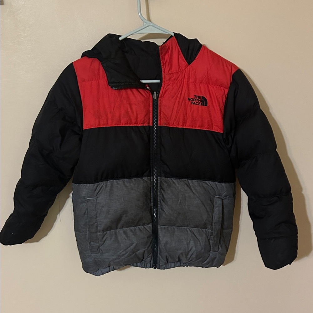The North Face Kids' Red, Black, and Gray Puffer Jacket reversible M